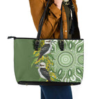 Aussie Kokaburra Golden Wattle Leather Tote Bag Aboriginal with National Color