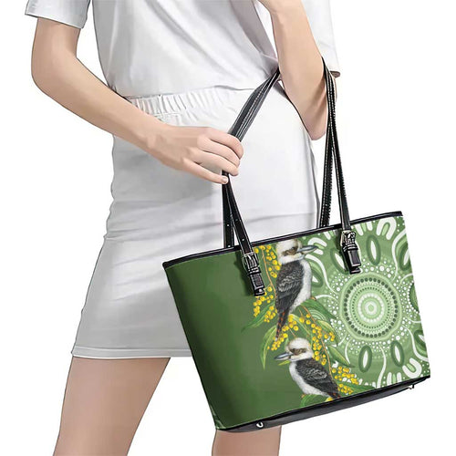 Aussie Kokaburra Golden Wattle Leather Tote Bag Aboriginal with National Color