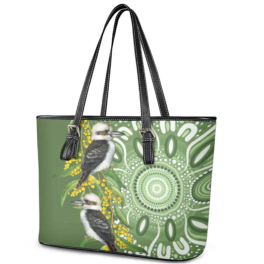 Aussie Kokaburra Golden Wattle Leather Tote Bag Aboriginal with National Color