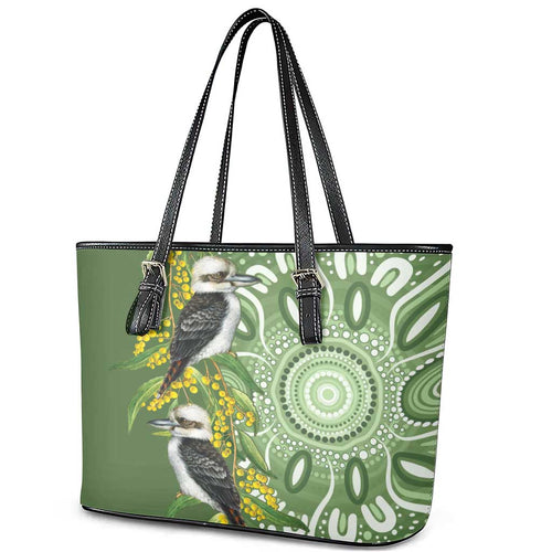 Aussie Kokaburra Golden Wattle Leather Tote Bag Aboriginal with National Color