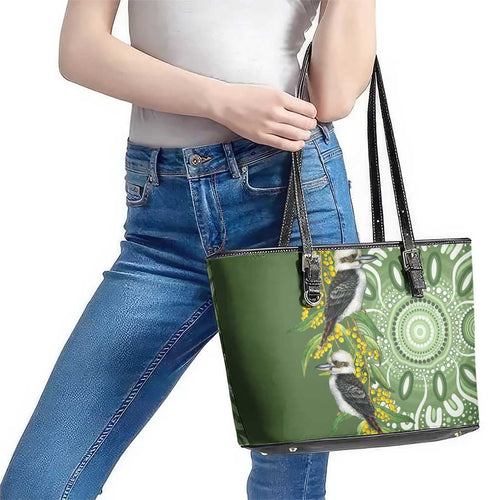 Aussie Kokaburra Golden Wattle Leather Tote Bag Aboriginal with National Color