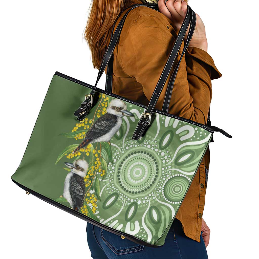 Aussie Kokaburra Golden Wattle Leather Tote Bag Aboriginal with National Color