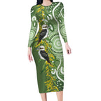 Aussie Kokaburra Golden Wattle Long Sleeve Bodycon Dress Aboriginal with National Color