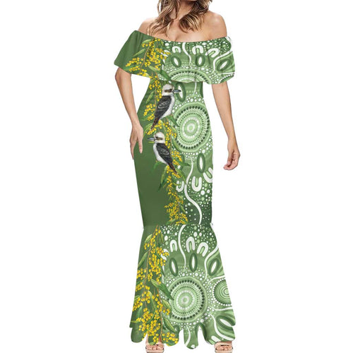 Aussie Kokaburra Golden Wattle Mermaid Dress Aboriginal with National Color