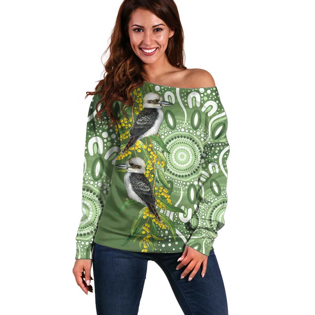 Aussie Kokaburra Golden Wattle Off Shoulder Sweater Aboriginal with National Color