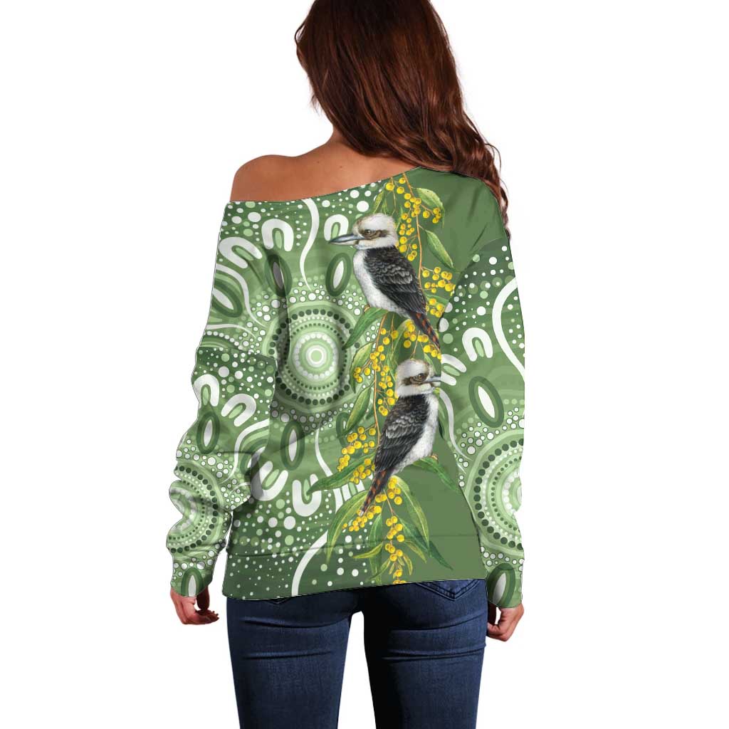 Aussie Kokaburra Golden Wattle Off Shoulder Sweater Aboriginal with National Color