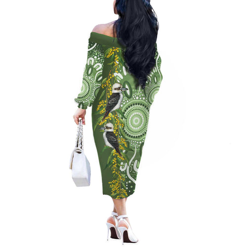 Aussie Kokaburra Golden Wattle Off The Shoulder Long Sleeve Dress Aboriginal with National Color
