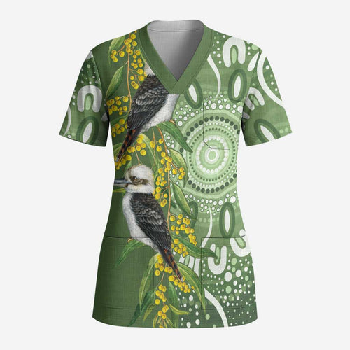 Aussie Kokaburra Golden Wattle Scrub Top Aboriginal with National Color - Aussie Hoodie