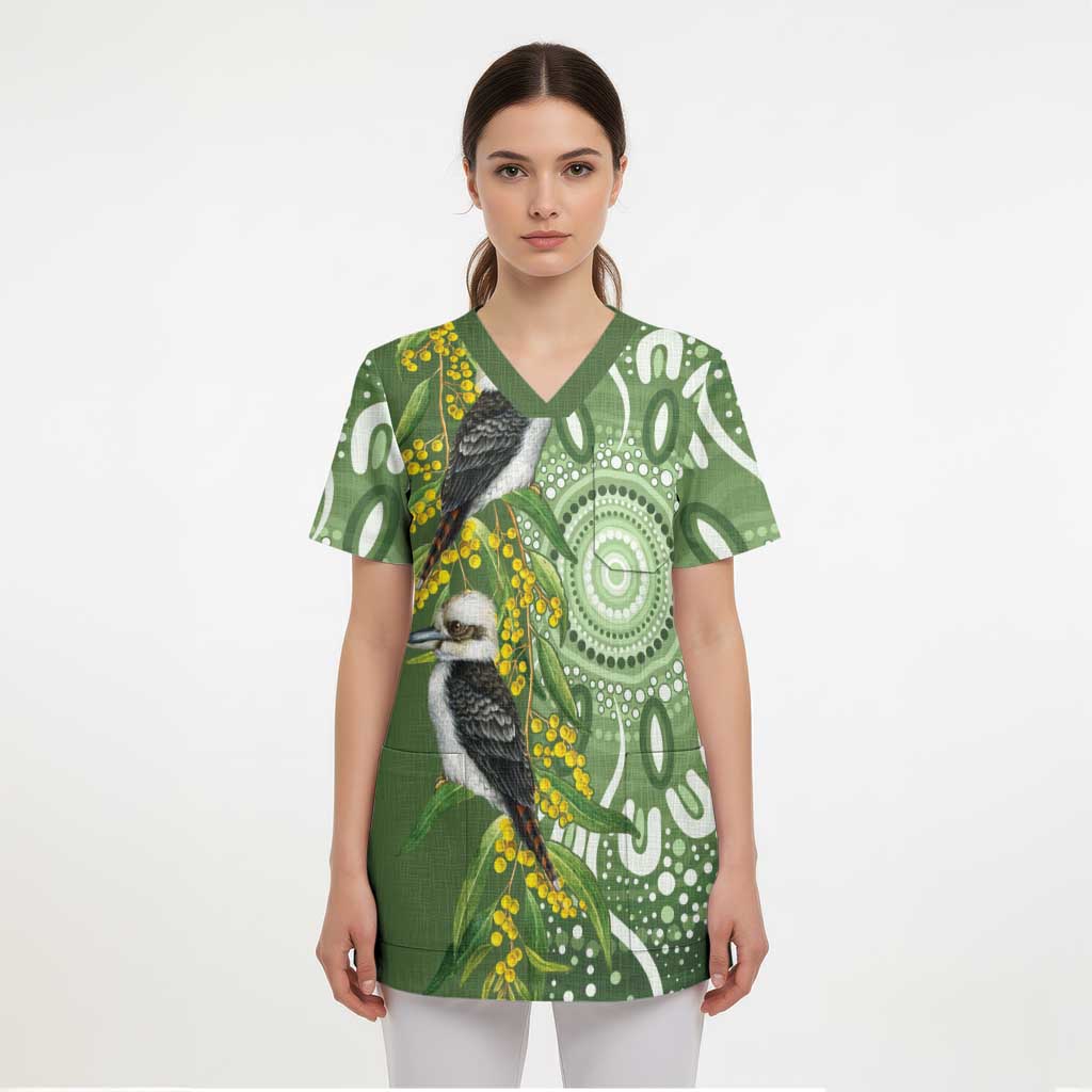 Aussie Kokaburra Golden Wattle Scrub Top Aboriginal with National Color - Aussie Hoodie
