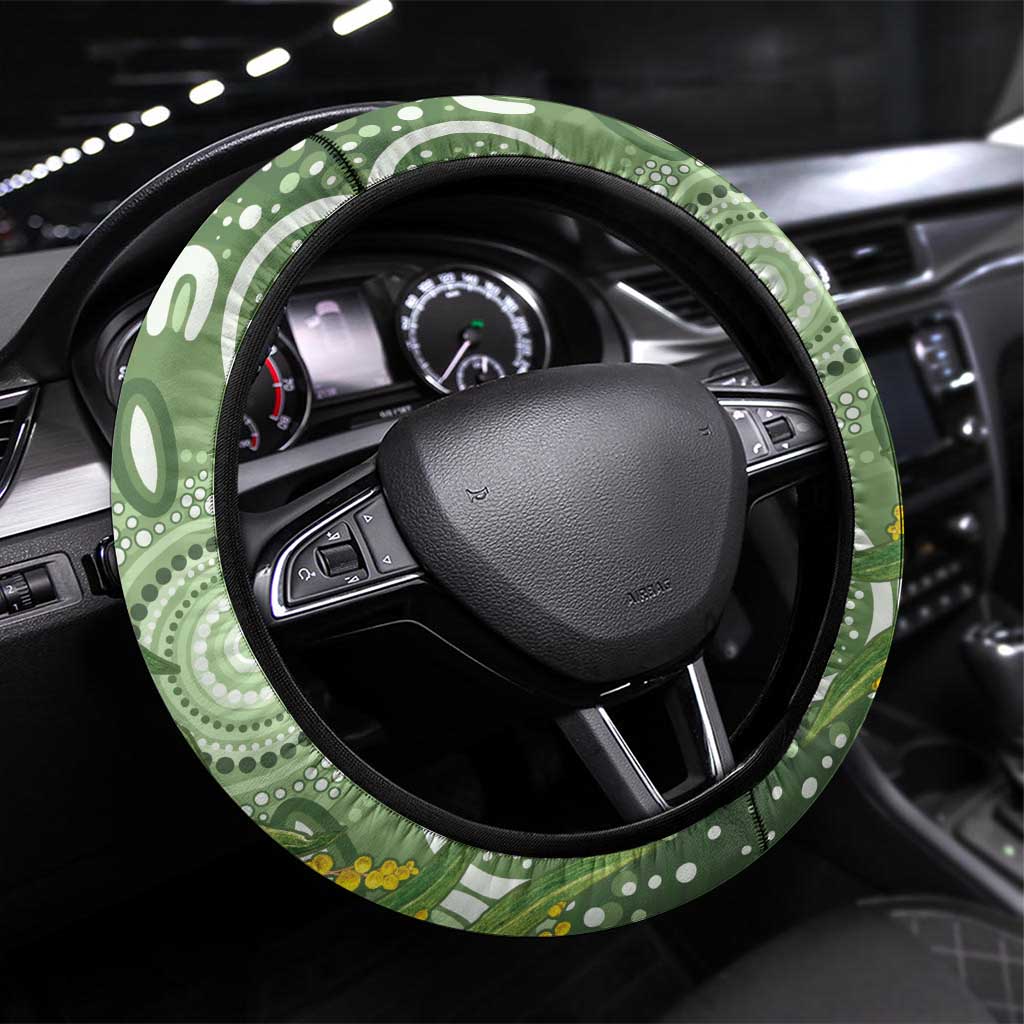 Aussie Kokaburra Golden Wattle Steering Wheel Cover Aboriginal with National Color
