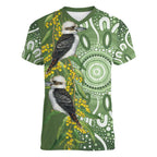 Aussie Kokaburra Golden Wattle Women V-Neck T-Shirt Aboriginal with National Color