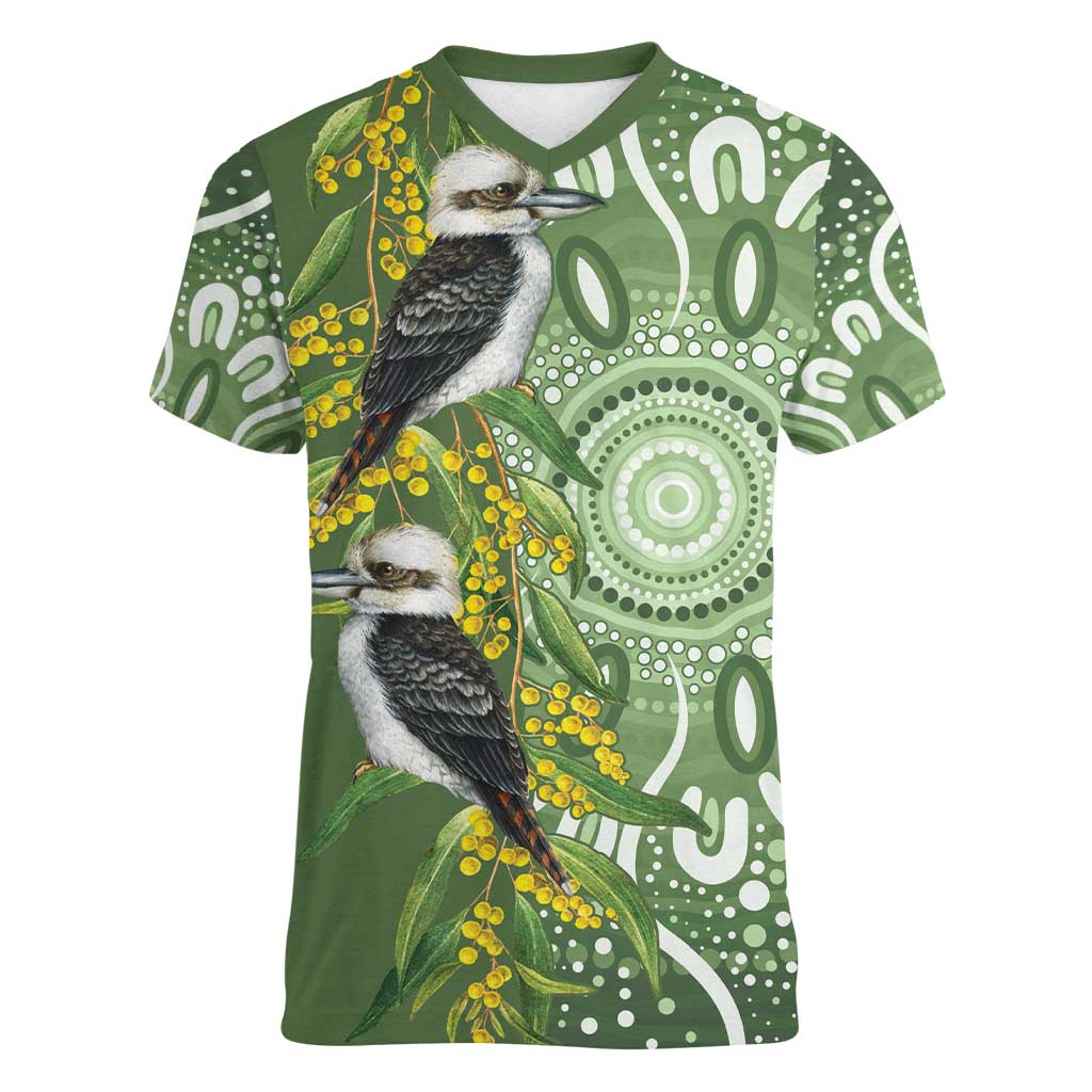 Aussie Kokaburra Golden Wattle Women V-Neck T-Shirt Aboriginal with National Color