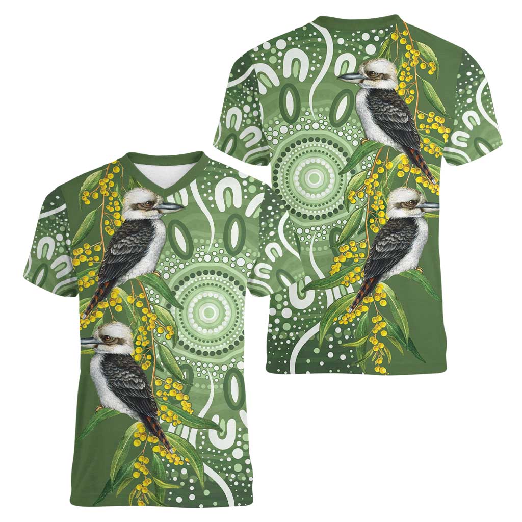 Aussie Kokaburra Golden Wattle Women V-Neck T-Shirt Aboriginal with National Color