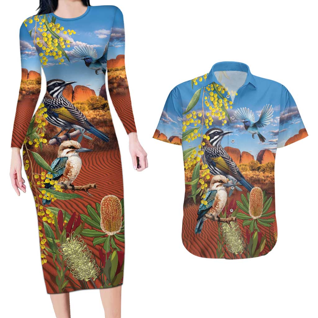 Australia Native Bird Uluru Ayers Rock Couples Matching Long Sleeve Bodycon Dress and Hawaiian Shirt