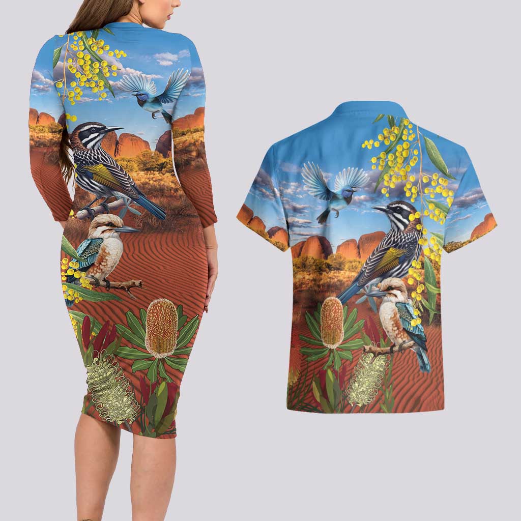 Australia Native Bird Uluru Ayers Rock Couples Matching Long Sleeve Bodycon Dress and Hawaiian Shirt