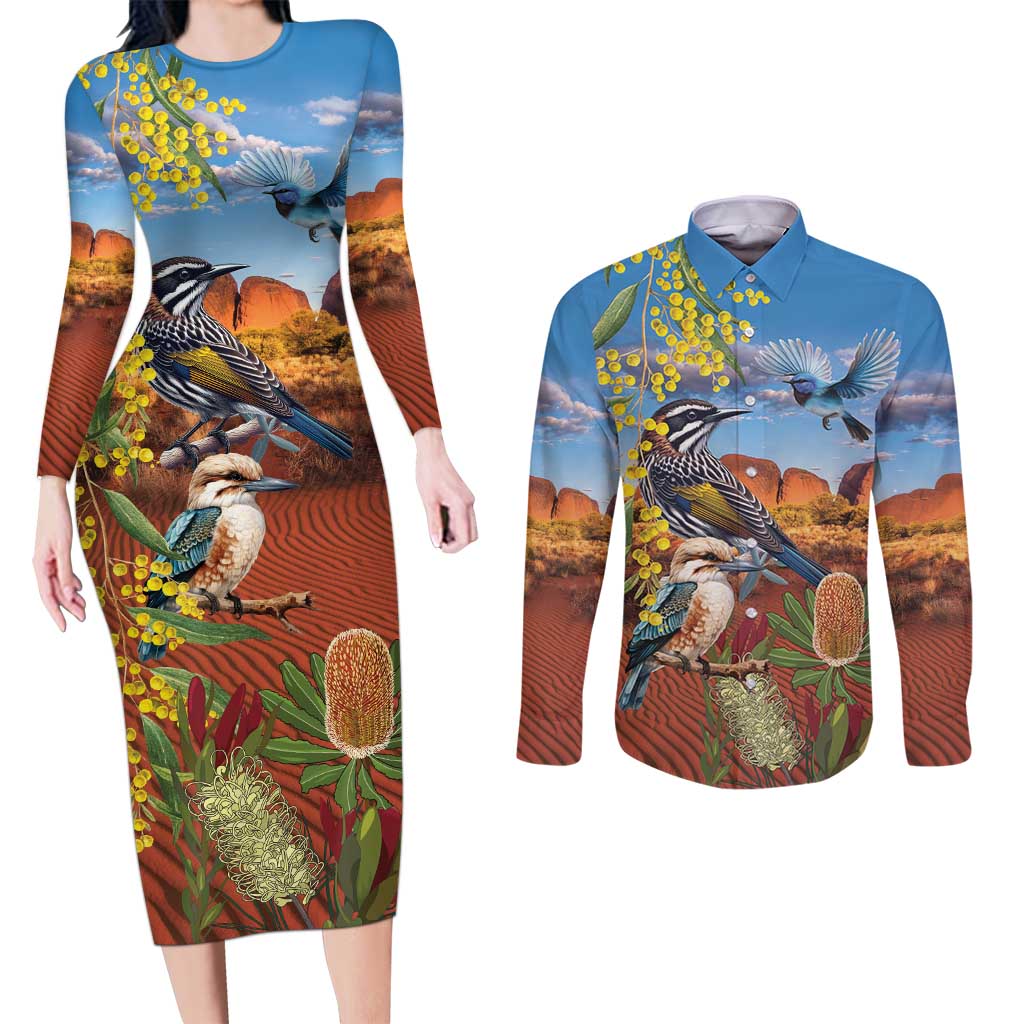 Australia Native Bird Uluru Ayers Rock Couples Matching Long Sleeve Bodycon Dress and Long Sleeve Button Shirt