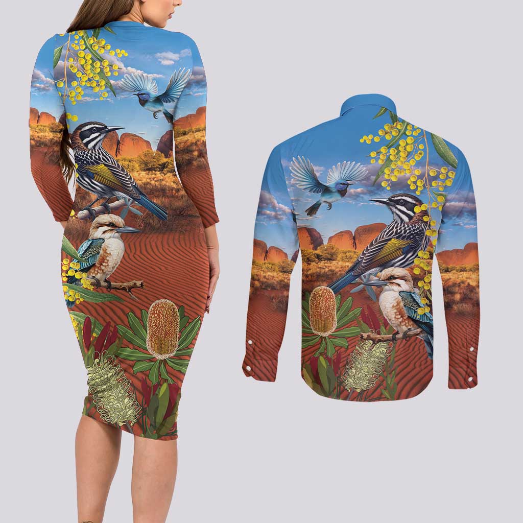Australia Native Bird Uluru Ayers Rock Couples Matching Long Sleeve Bodycon Dress and Long Sleeve Button Shirt