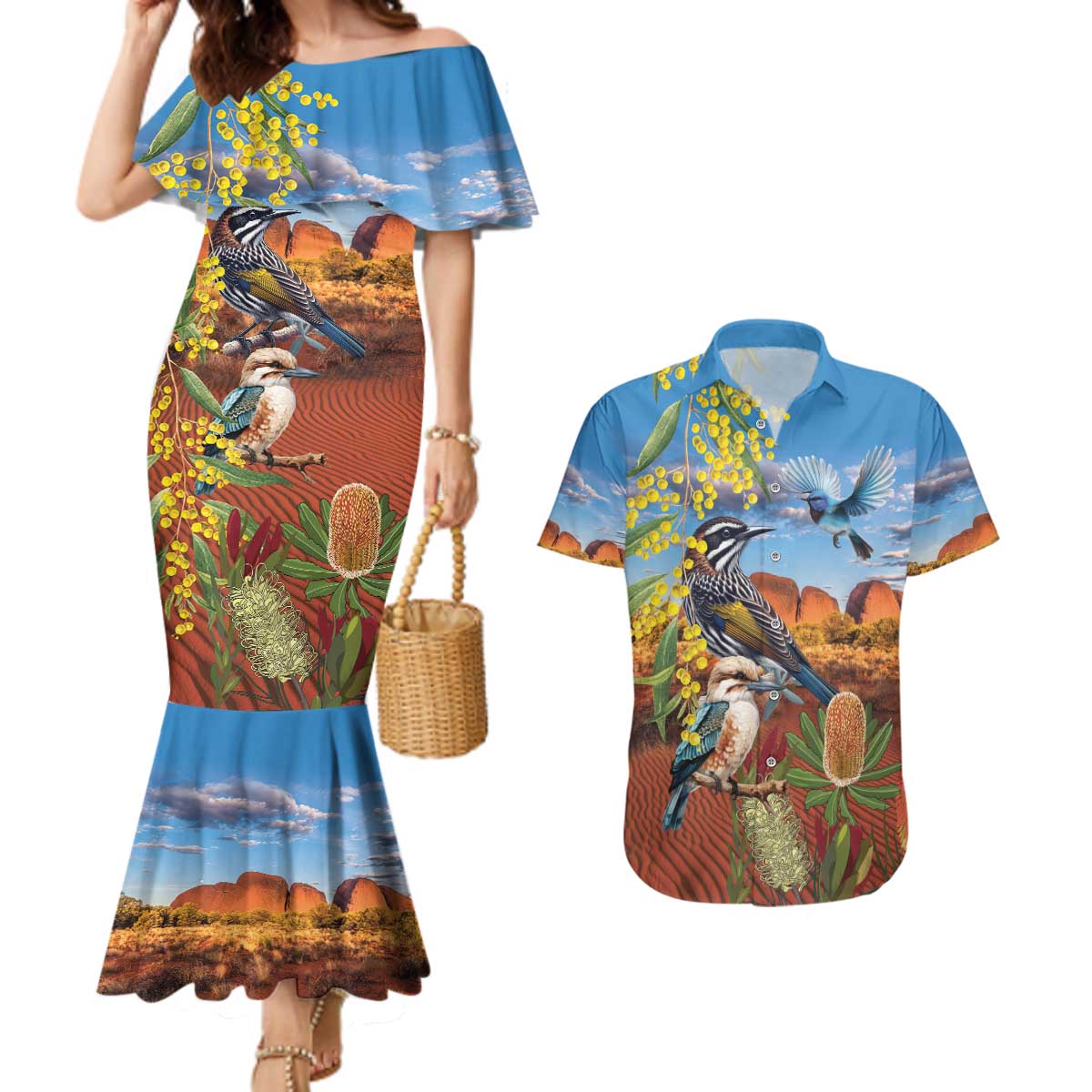 Australia Native Bird Uluru Ayers Rock Couples Matching Mermaid Dress and Hawaiian Shirt