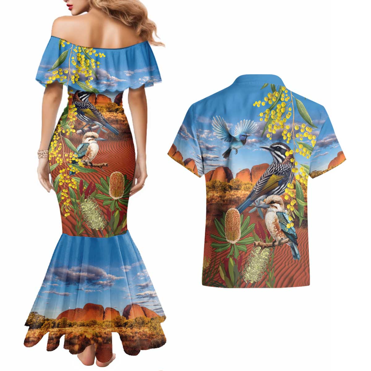 Australia Native Bird Uluru Ayers Rock Couples Matching Mermaid Dress and Hawaiian Shirt