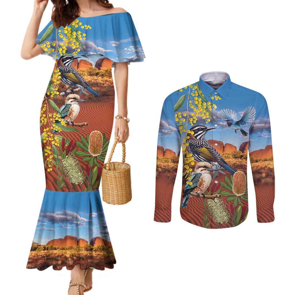 Australia Native Bird Uluru Ayers Rock Couples Matching Mermaid Dress and Long Sleeve Button Shirt