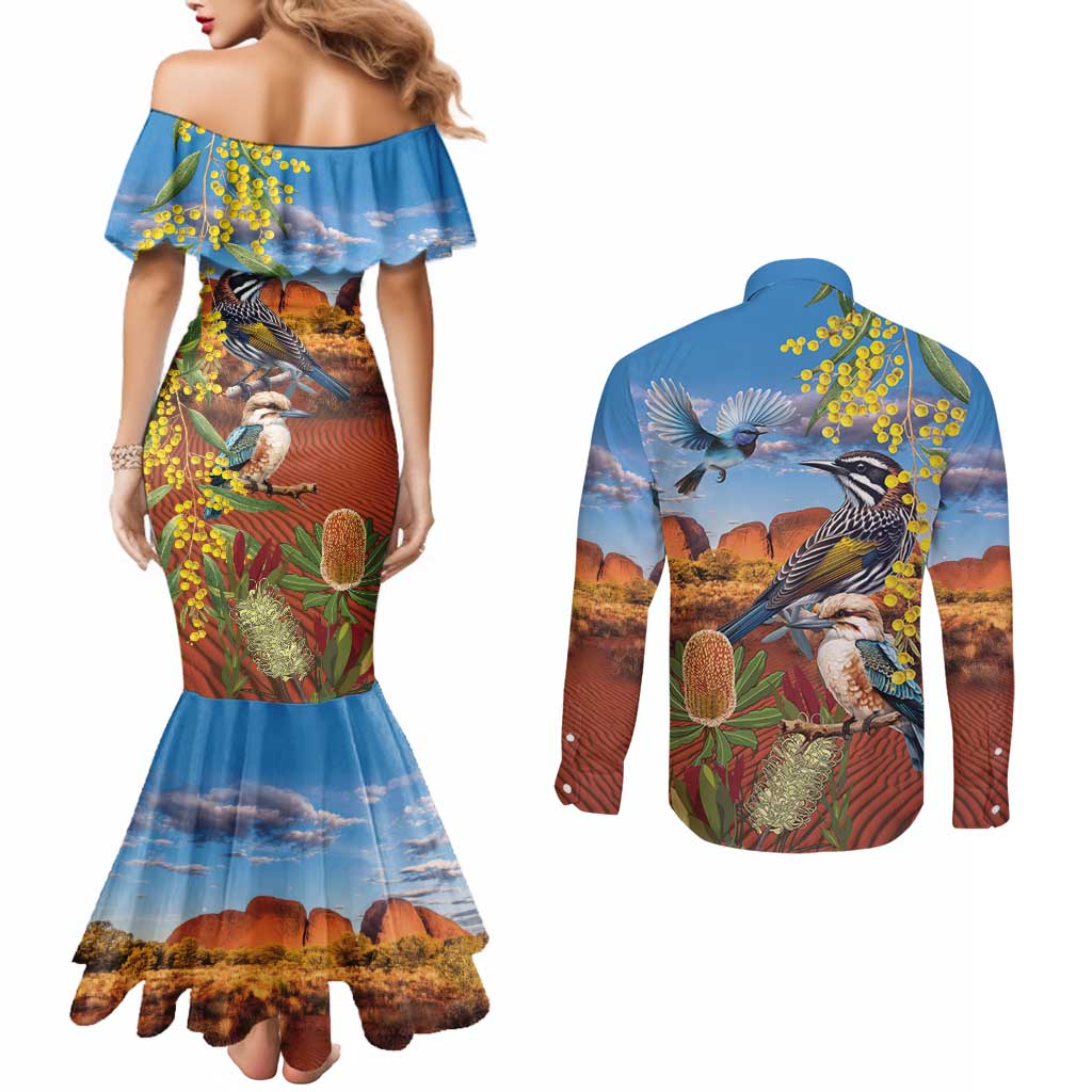 Australia Native Bird Uluru Ayers Rock Couples Matching Mermaid Dress and Long Sleeve Button Shirt