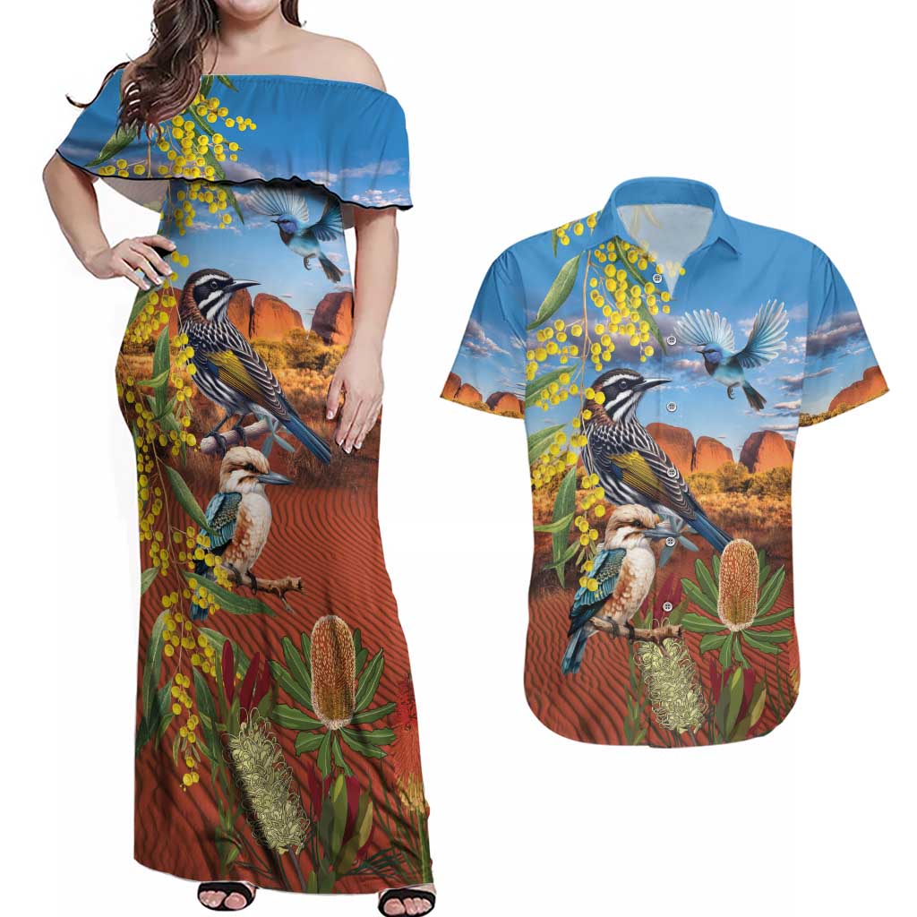 Australia Native Bird Uluru Ayers Rock Couples Matching Off Shoulder Maxi Dress and Hawaiian Shirt