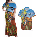 Australia Native Bird Uluru Ayers Rock Couples Matching Off Shoulder Maxi Dress and Hawaiian Shirt