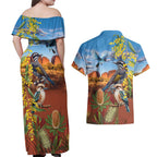Australia Native Bird Uluru Ayers Rock Couples Matching Off Shoulder Maxi Dress and Hawaiian Shirt