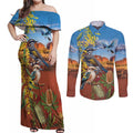 Australia Native Bird Uluru Ayers Rock Couples Matching Off Shoulder Maxi Dress and Long Sleeve Button Shirt