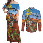 Australia Native Bird Uluru Ayers Rock Couples Matching Off Shoulder Maxi Dress and Long Sleeve Button Shirt