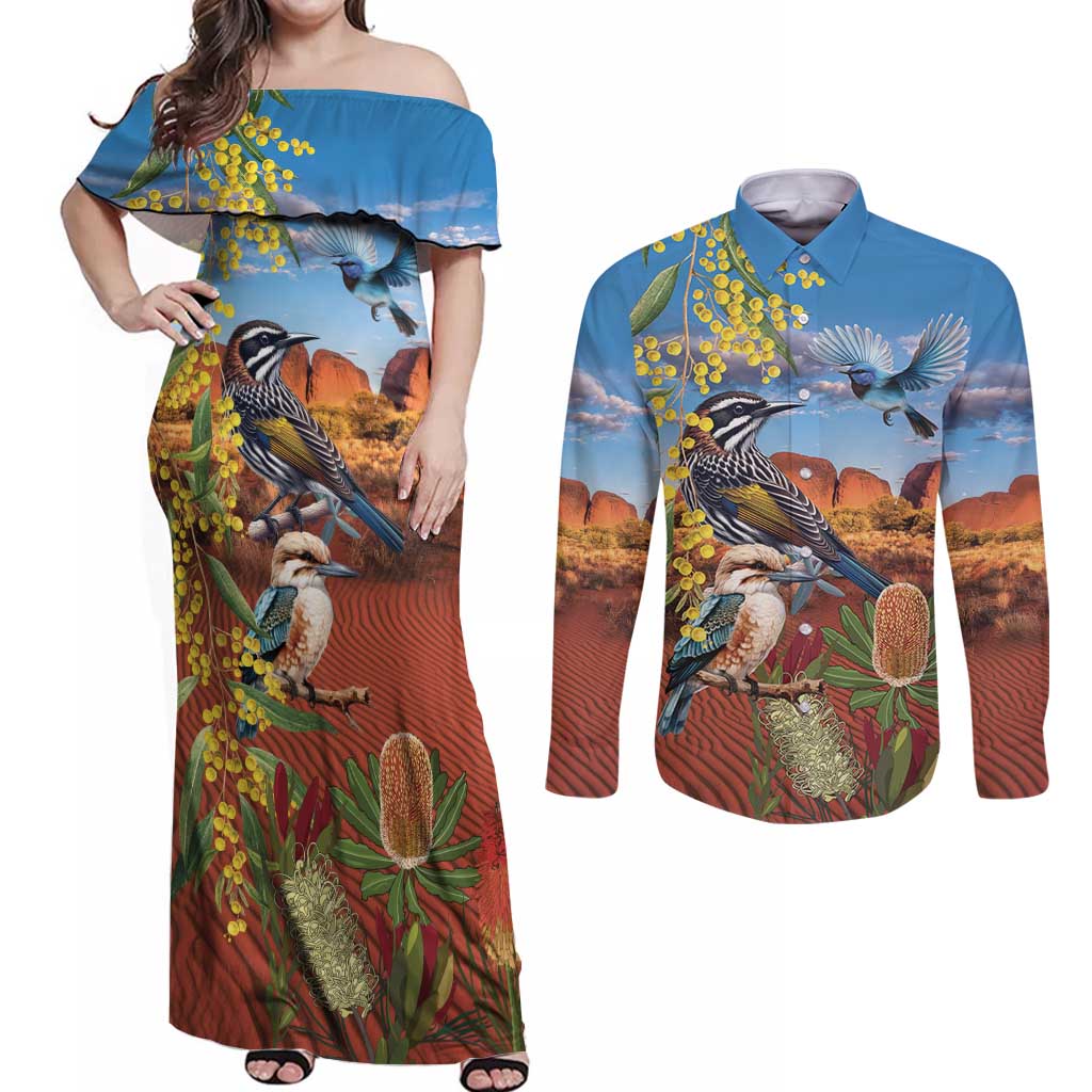 Australia Native Bird Uluru Ayers Rock Couples Matching Off Shoulder Maxi Dress and Long Sleeve Button Shirt
