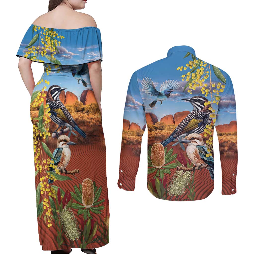 Australia Native Bird Uluru Ayers Rock Couples Matching Off Shoulder Maxi Dress and Long Sleeve Button Shirt
