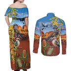 Australia Native Bird Uluru Ayers Rock Couples Matching Off Shoulder Maxi Dress and Long Sleeve Button Shirt