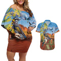 Australia Native Bird Uluru Ayers Rock Couples Matching Off Shoulder Short Dress and Hawaiian Shirt