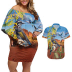 Australia Native Bird Uluru Ayers Rock Couples Matching Off Shoulder Short Dress and Hawaiian Shirt