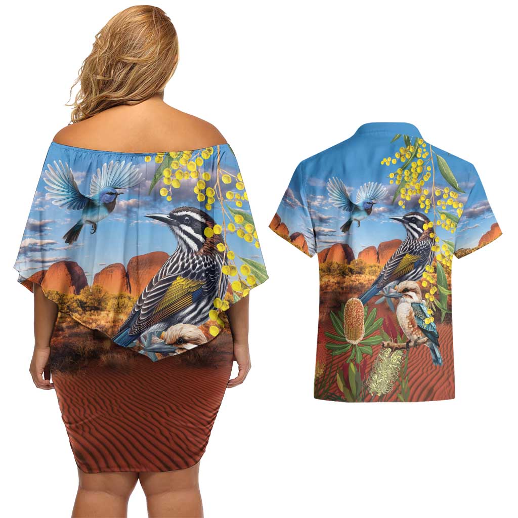 Australia Native Bird Uluru Ayers Rock Couples Matching Off Shoulder Short Dress and Hawaiian Shirt
