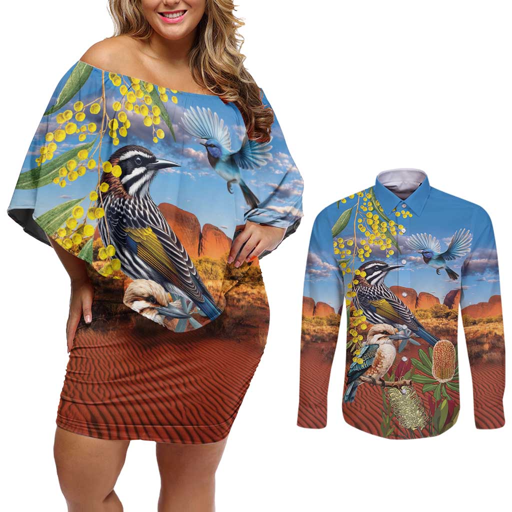 Australia Native Bird Uluru Ayers Rock Couples Matching Off Shoulder Short Dress and Long Sleeve Button Shirt