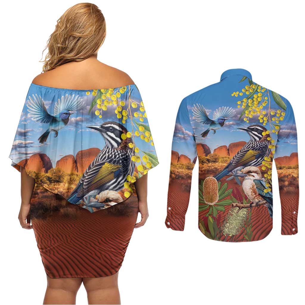 Australia Native Bird Uluru Ayers Rock Couples Matching Off Shoulder Short Dress and Long Sleeve Button Shirt