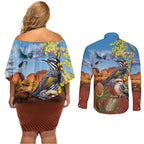Australia Native Bird Uluru Ayers Rock Couples Matching Off Shoulder Short Dress and Long Sleeve Button Shirt
