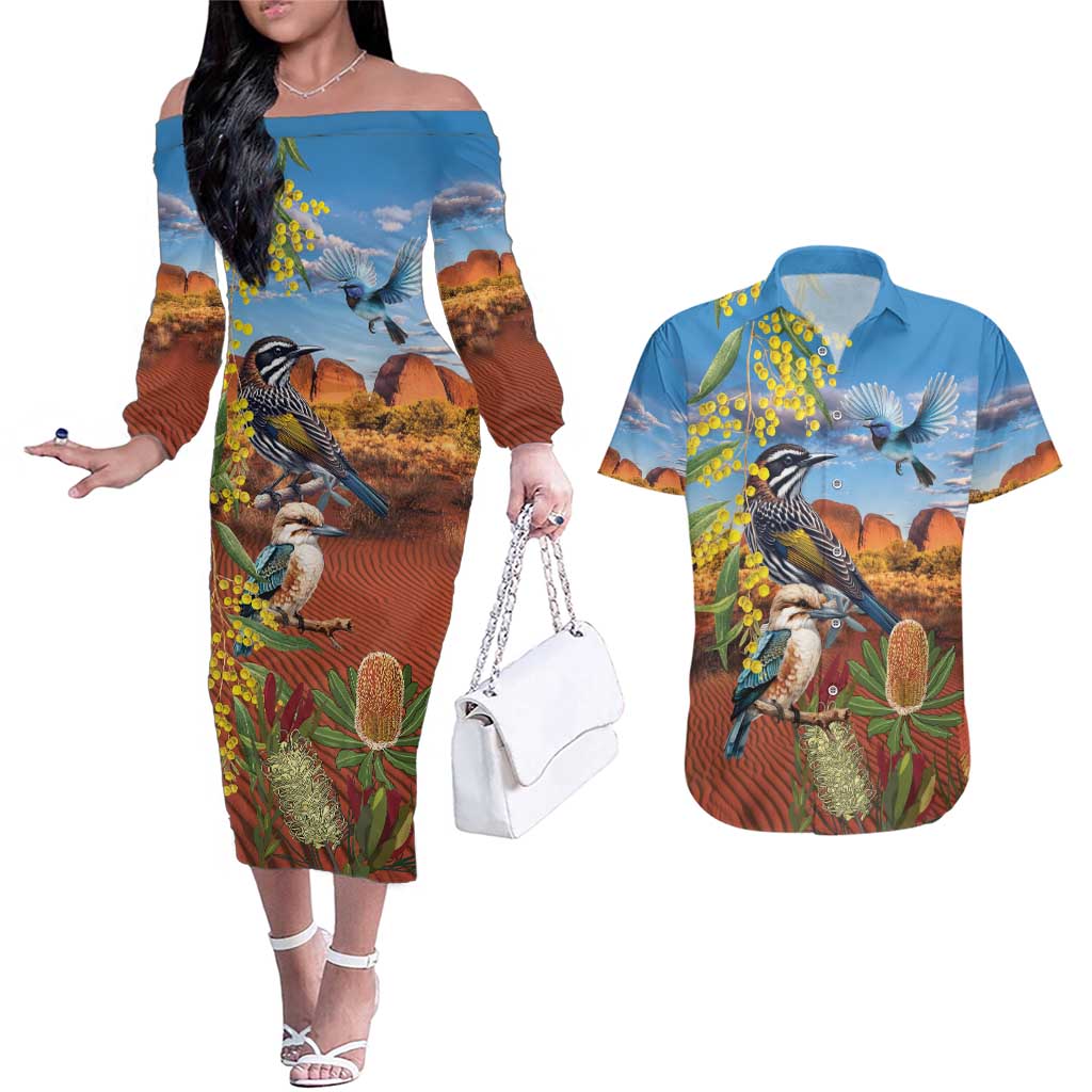 Australia Native Bird Uluru Ayers Rock Couples Matching Off The Shoulder Long Sleeve Dress and Hawaiian Shirt