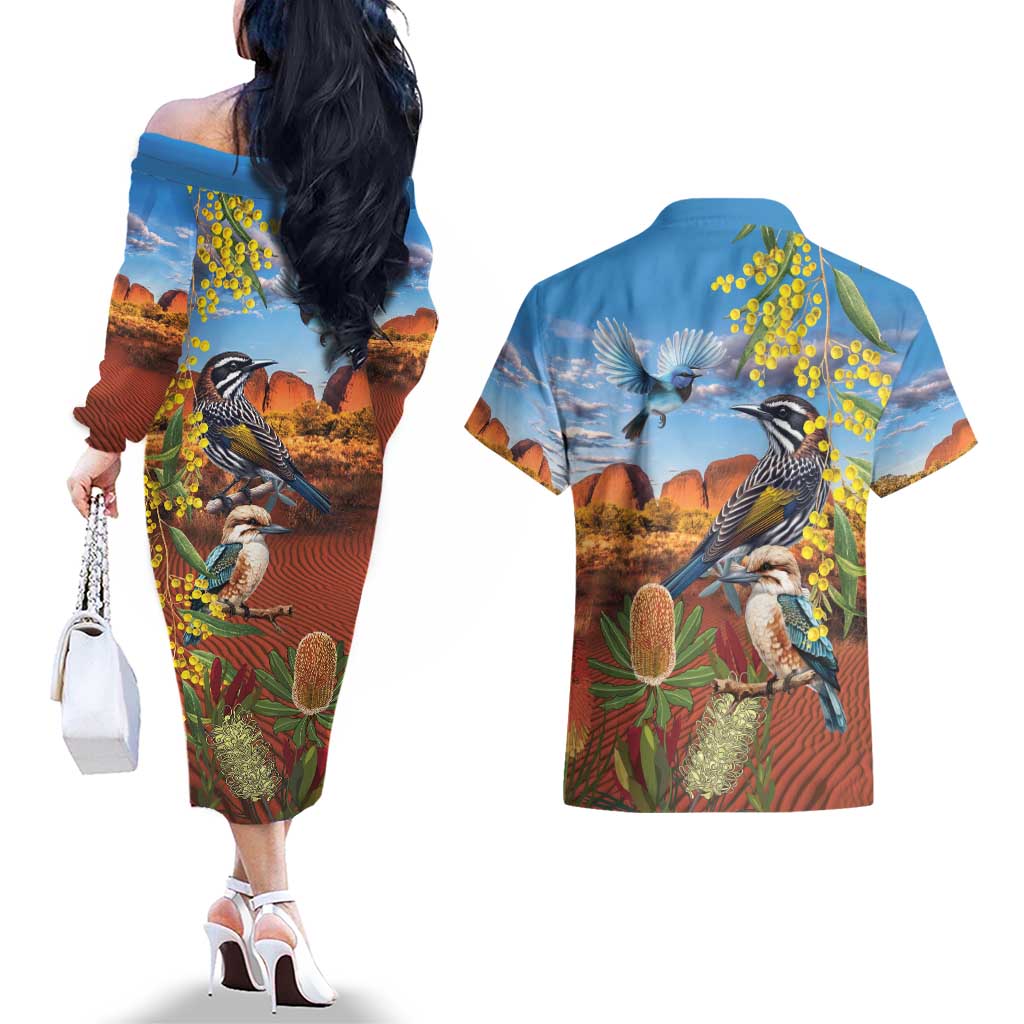 Australia Native Bird Uluru Ayers Rock Couples Matching Off The Shoulder Long Sleeve Dress and Hawaiian Shirt