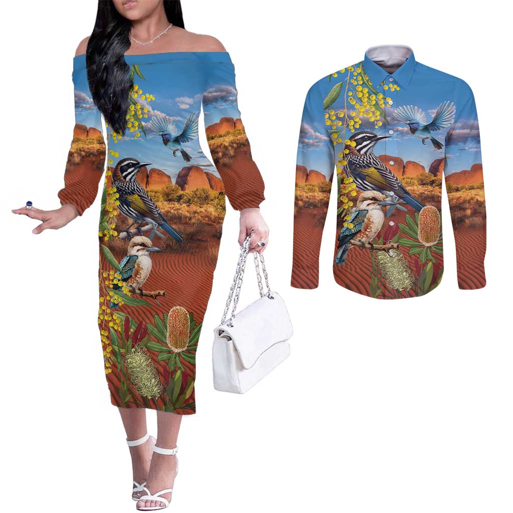 Australia Native Bird Uluru Ayers Rock Couples Matching Off The Shoulder Long Sleeve Dress and Long Sleeve Button Shirt