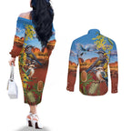 Australia Native Bird Uluru Ayers Rock Couples Matching Off The Shoulder Long Sleeve Dress and Long Sleeve Button Shirt