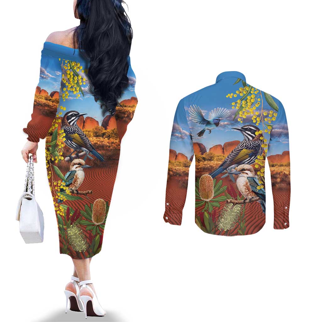 Australia Native Bird Uluru Ayers Rock Couples Matching Off The Shoulder Long Sleeve Dress and Long Sleeve Button Shirt