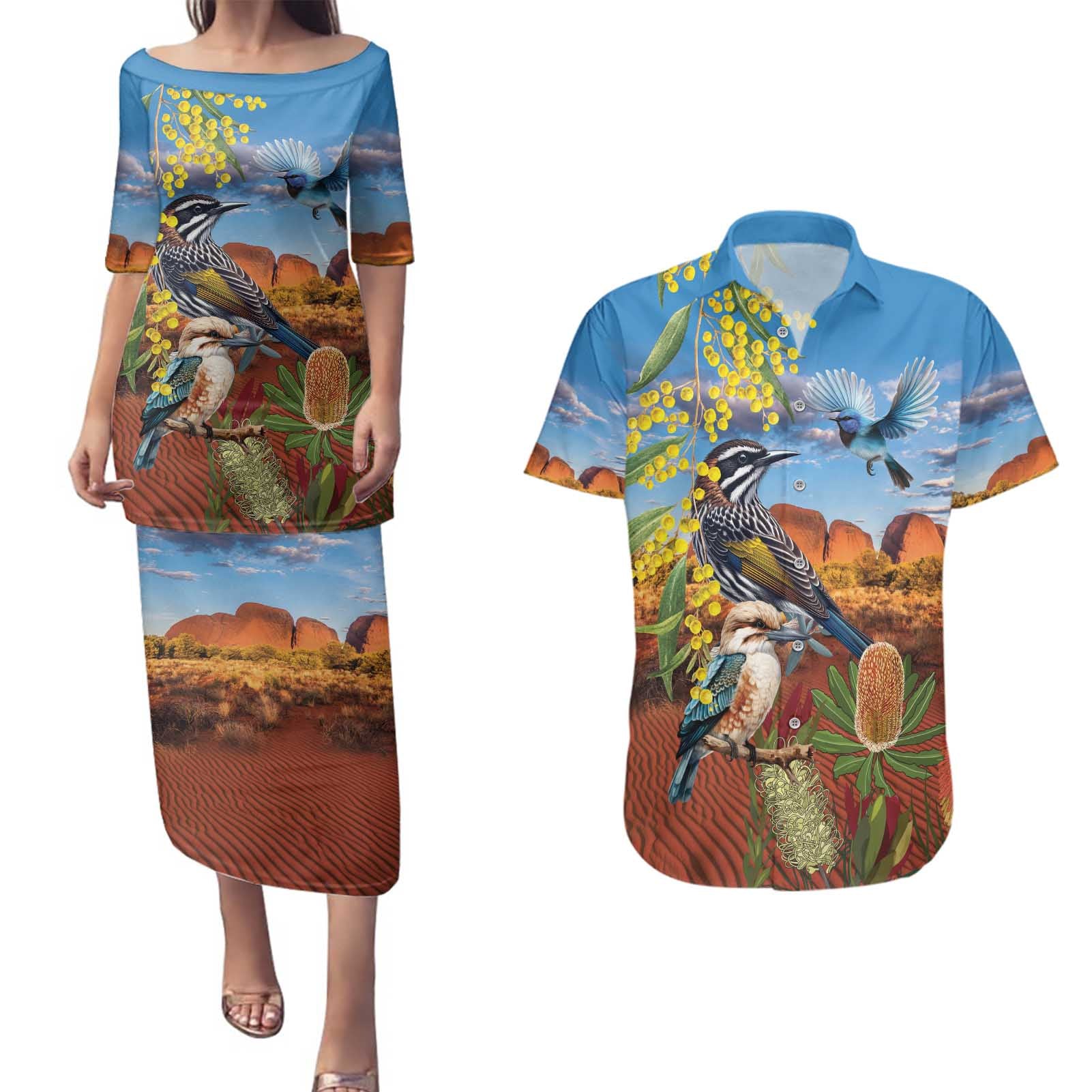 Australia Native Bird Uluru Ayers Rock Couples Matching Puletasi and Hawaiian Shirt
