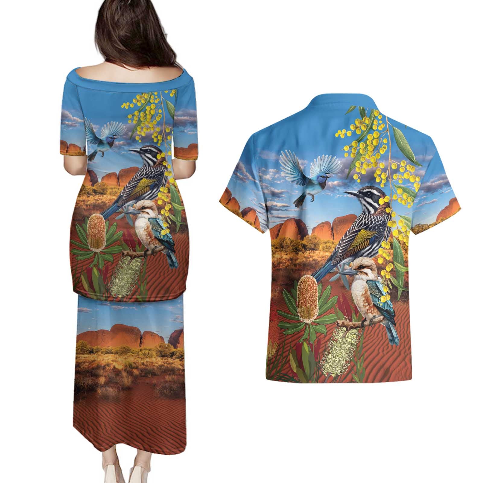 Australia Native Bird Uluru Ayers Rock Couples Matching Puletasi and Hawaiian Shirt