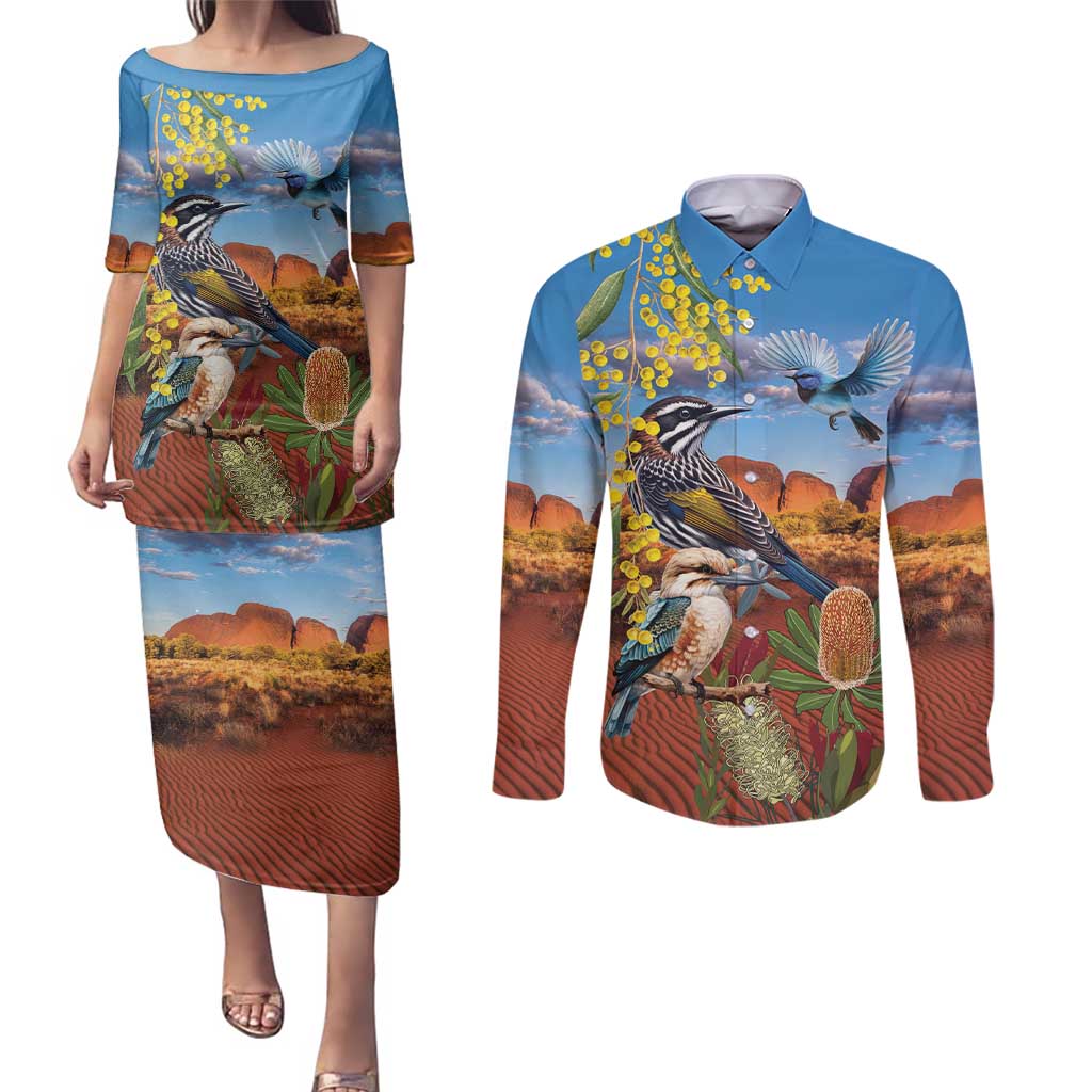 Australia Native Bird Uluru Ayers Rock Couples Matching Puletasi and Long Sleeve Button Shirt