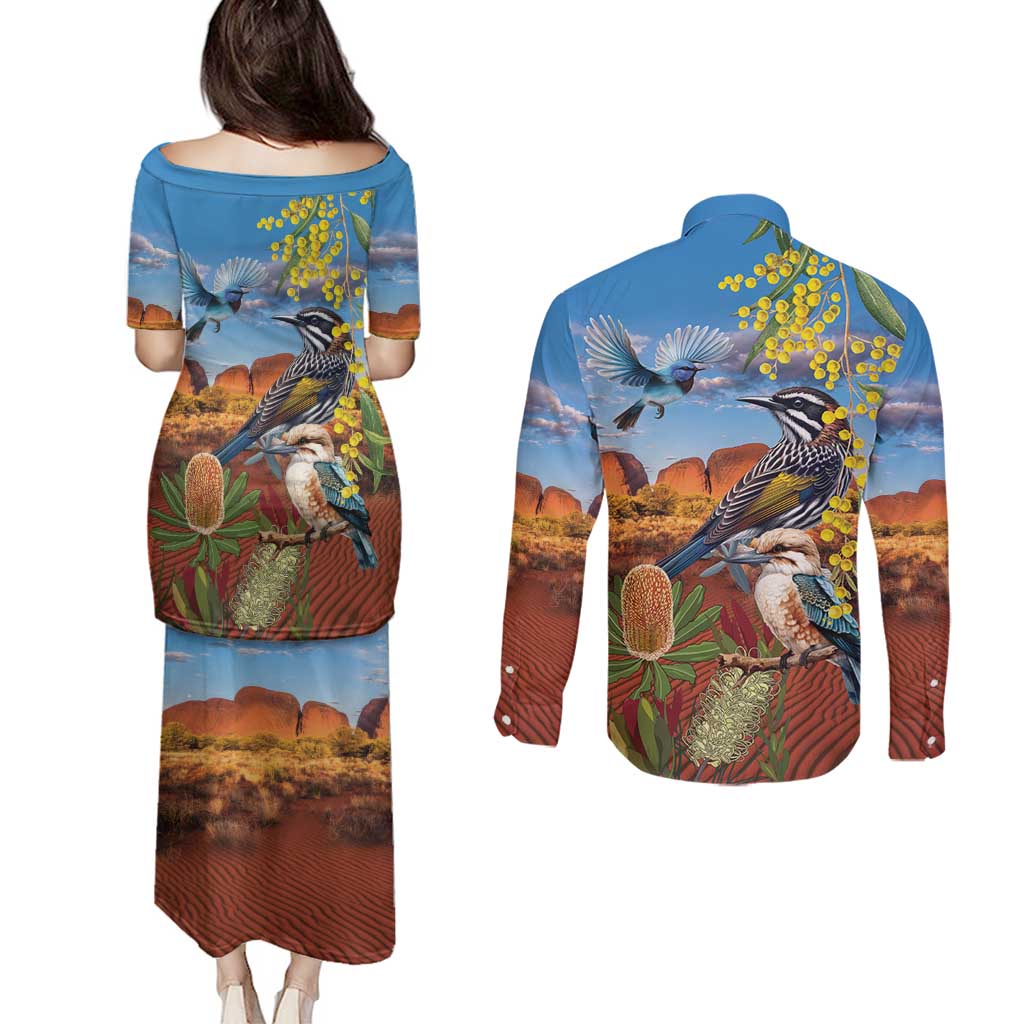 Australia Native Bird Uluru Ayers Rock Couples Matching Puletasi and Long Sleeve Button Shirt