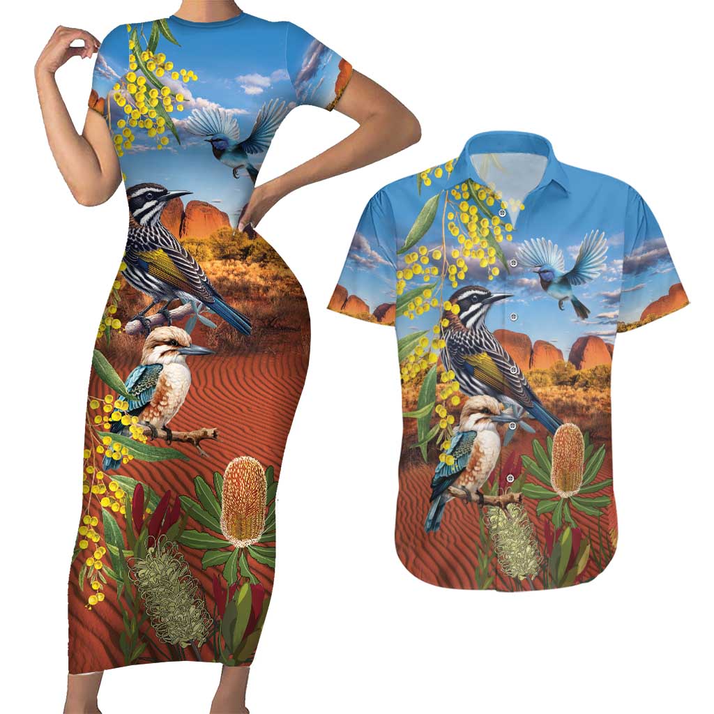 Australia Native Bird Uluru Ayers Rock Couples Matching Short Sleeve Bodycon Dress and Hawaiian Shirt