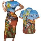 Australia Native Bird Uluru Ayers Rock Couples Matching Short Sleeve Bodycon Dress and Hawaiian Shirt